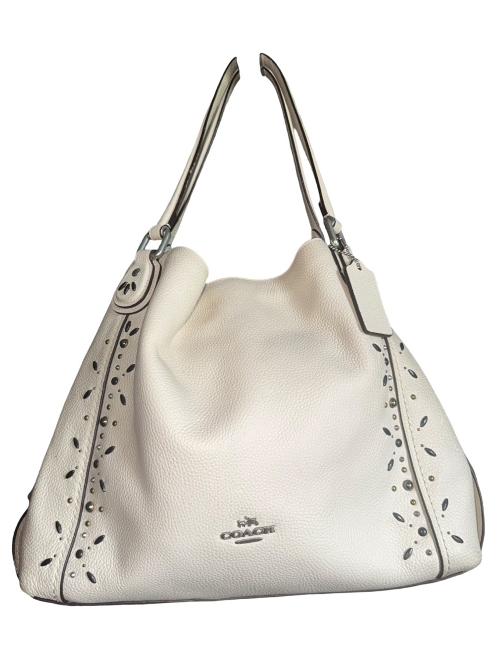 COACH Edie 42 Western Rivets Chalk Pebble Leather Shoulder Hobo Bag w/ Dust Bag